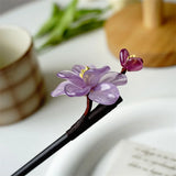 Purple Flower Hair Sticks Wooden Hair Pins Retro Floral Headpieces