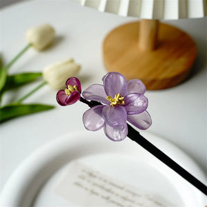Purple Flower Hair Sticks Wooden Hair Pins Retro Floral Headpieces