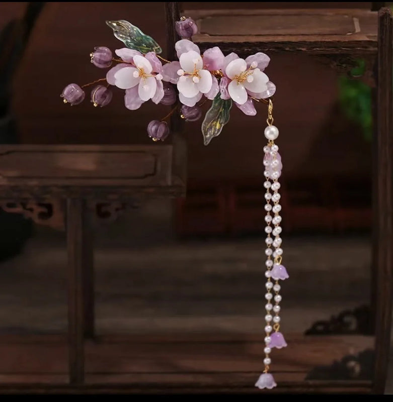 Purple Flower Hairpins Side Clips Chinese Hair Accessories Pendant Pearl Headpie
