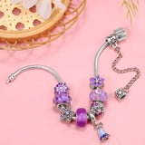 Purple Flowers & Vine Bead With LOVE Heart Charm Bracelet Jewelry