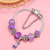 Purple Flowers & Vine Bead With LOVE Heart Charm Bracelet Jewelry
