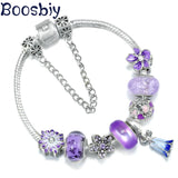 Purple Flowers & Vine Bead With LOVE Heart Charm Bracelet Jewelry