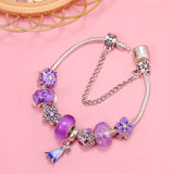 Purple Flowers & Vine Bead With LOVE Heart Charm Bracelet Jewelry