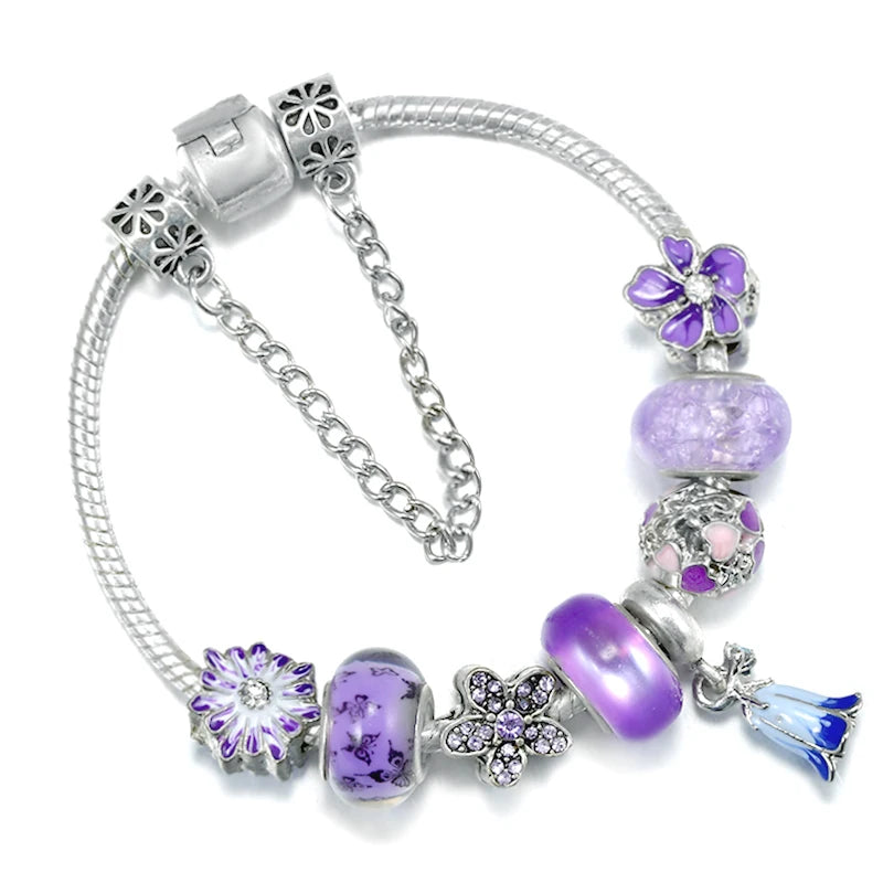 Purple Flowers & Vine Bead With LOVE Heart Charm Bracelet Jewelry