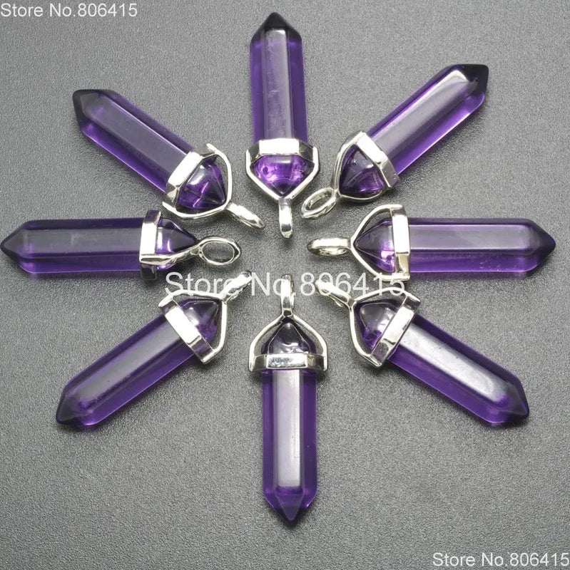 Purple Glass Gems Hexagonal Healing Reiki Chakra Pendant Beads
