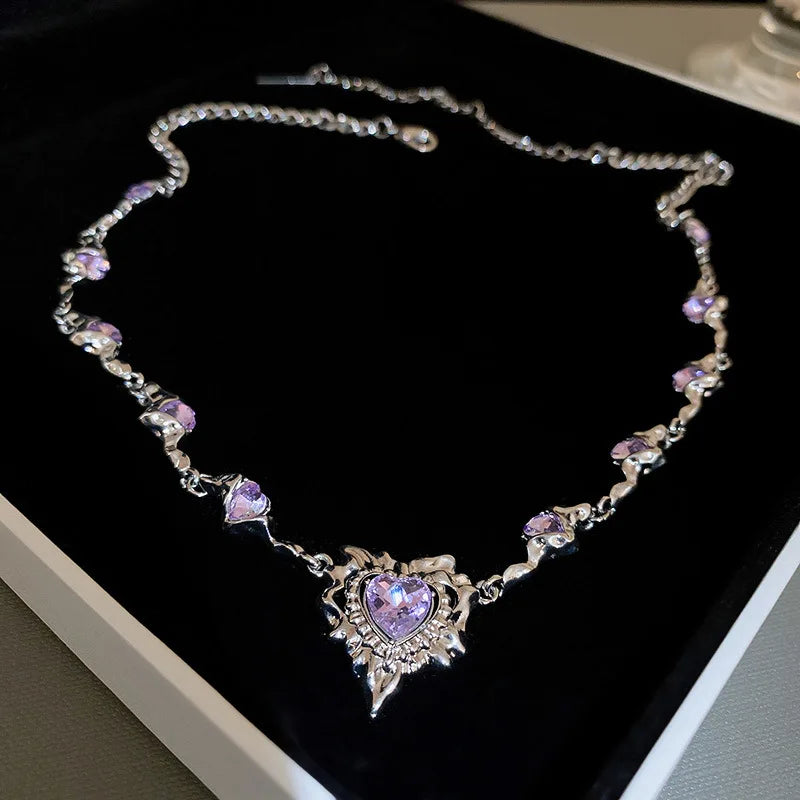 Purple Heart Zircon Tassel Chain Necklace for Women Girl Party Y2k Jewelry