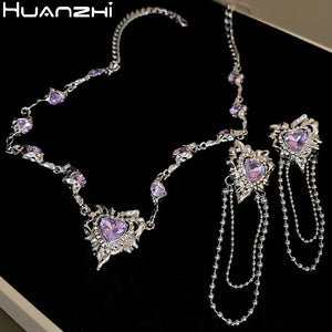 Purple Heart Zircon Tassel Chain Necklace for Women Girl Party Y2k Jewelry