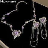 Purple Heart Zircon Tassel Chain Necklace for Women Girl Party Y2k Jewelry