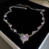 Purple Heart Zircon Tassel Chain Necklace for Women Girl Party Y2k Jewelry