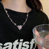 Purple Heart Zircon Tassel Chain Necklace for Women Girl Party Y2k Jewelry