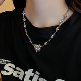Purple Heart Zircon Tassel Chain Necklace for Women Girl Party Y2k Jewelry