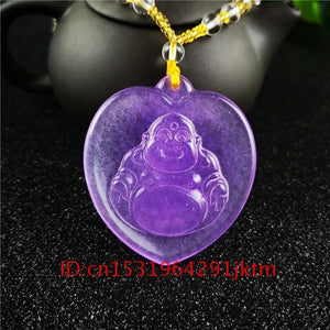 Purple Jade Buddha Pendant Necklace Chinese Amulet Charm Jewelry Hand Carved