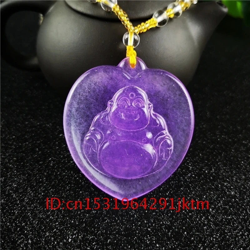 Purple Jade Buddha Pendant Necklace Chinese Amulet Charm Jewelry Hand Carved
