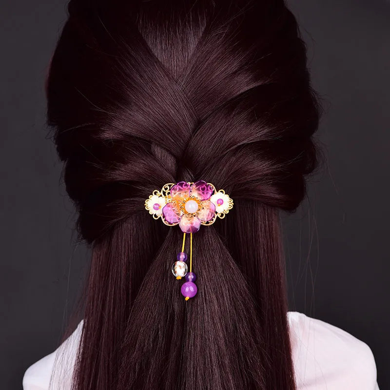 Purple Jade Flower Barrette Hairpin 925 Silver Natural Gemstone Hair Clip