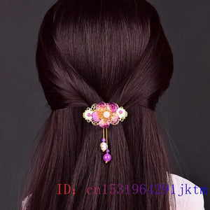 Purple Jade Flower Barrette Hairpin 925 Silver Natural Gemstone Hair Clip