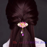 Purple Jade Flower Barrette Hairpin 925 Silver Natural Gemstone Hair Clip