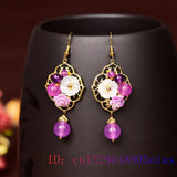 Purple Jade Flower Earrings 925 Silver Natural Women Chalcedony Charm