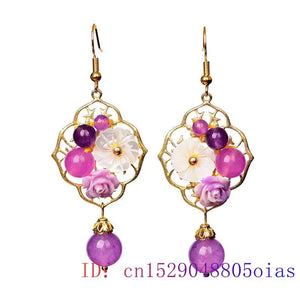 Purple Jade Flower Earrings 925 Silver Natural Women Chalcedony Charm