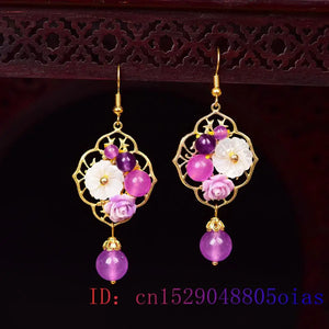 Purple Jade Flower Earrings 925 Silver Natural Women Chalcedony Charm