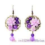 Vintage Purple Jade Flower Earrings 925 Silver Chinese Jewelry