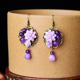 Vintage Purple Jade Flower Earrings 925 Silver Chinese Jewelry