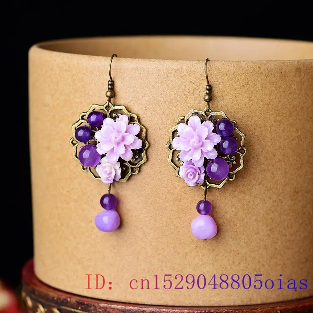 Vintage Purple Jade Flower Earrings 925 Silver Chinese Jewelry