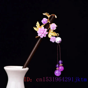 Purple Jade Flower Hairpin Hair Sticks 925 Silver Charm Gemstone Talismans