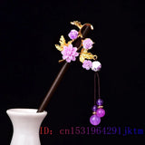 Purple Jade Flower Hairpin Hair Sticks 925 Silver Charm Gemstone Talismans