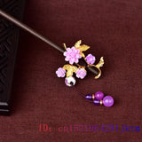 Purple Jade Flower Hairpin Hair Sticks 925 Silver Charm Gemstone Talismans