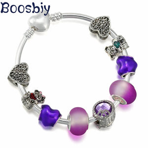 Purple Love & Bicolor Bear Charm Bracelet Gift for Women
