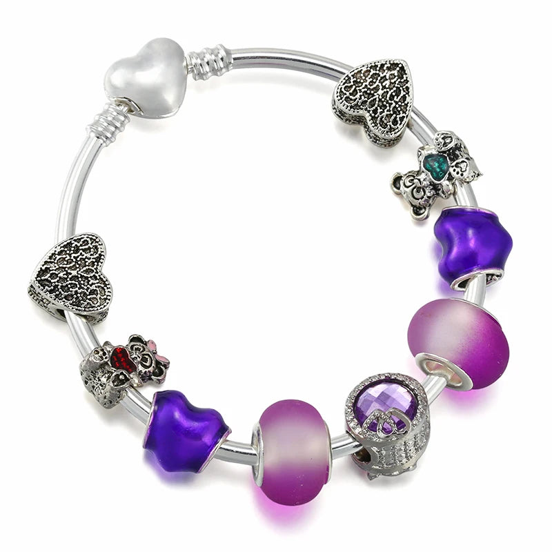 Purple Love & Bicolor Bear Charm Bracelet Gift for Women