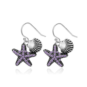 Purple Starfish Shell Drop Earrings 925 Sterling Silver Stylish Party Jewelry