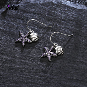 Purple Starfish Shell Drop Earrings 925 Sterling Silver Stylish Party Jewelry