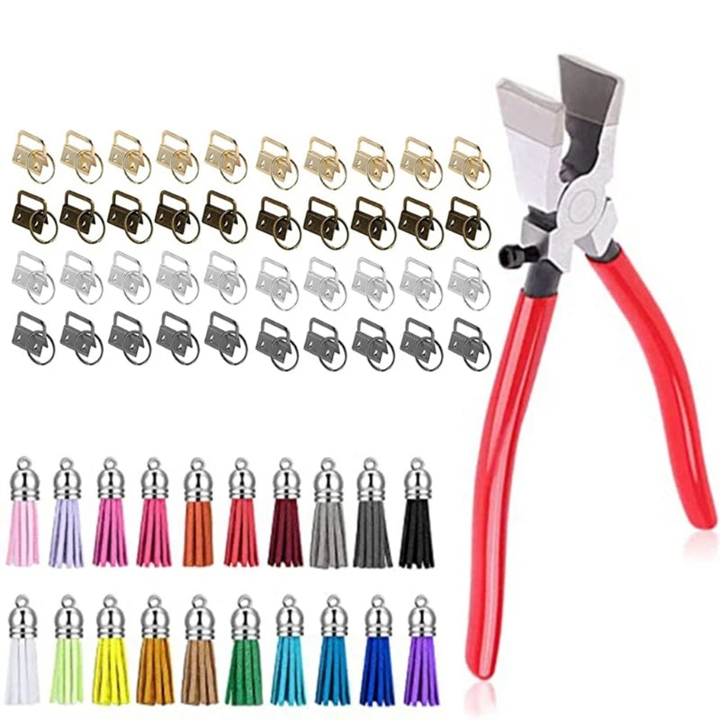 Key Fob Hardware Set with Pliers Leather Tassels for Wristlet Key Chain Making