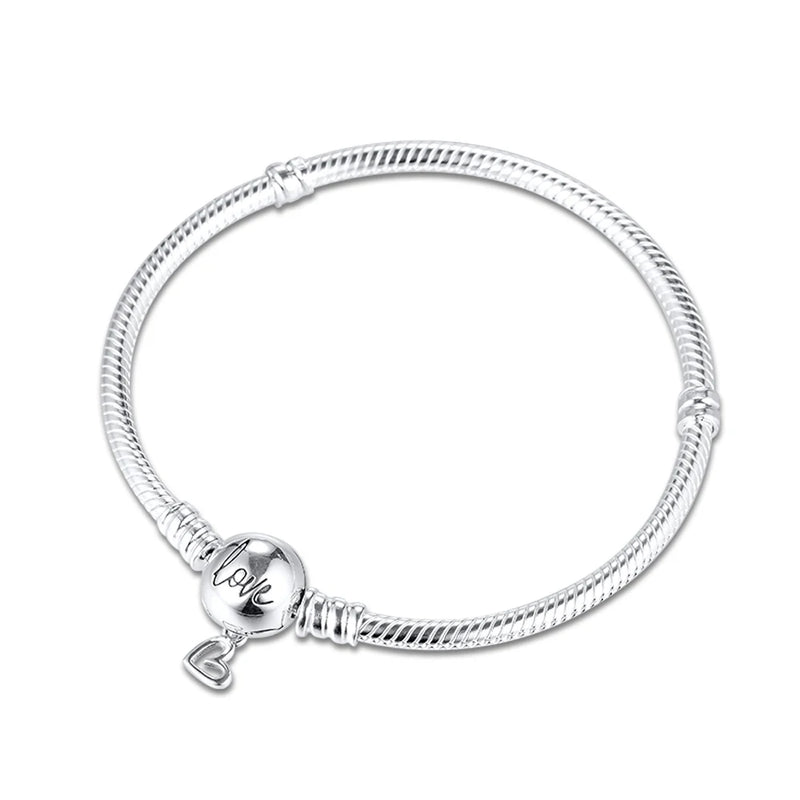925 Silver Bracelet Moments Freehand Heart Clasp Snake Chain Charm Bracelet
