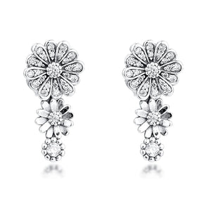 925 Silver Pave Daisy Flower Stud Earrings Women Jewelry