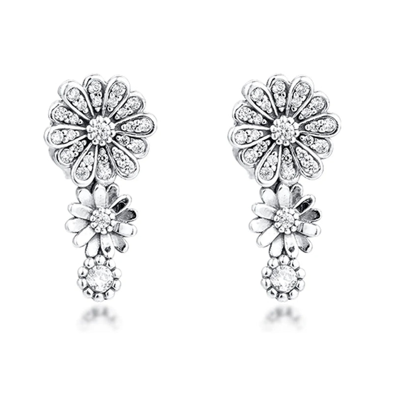 925 Silver Pave Daisy Flower Stud Earrings Women Jewelry