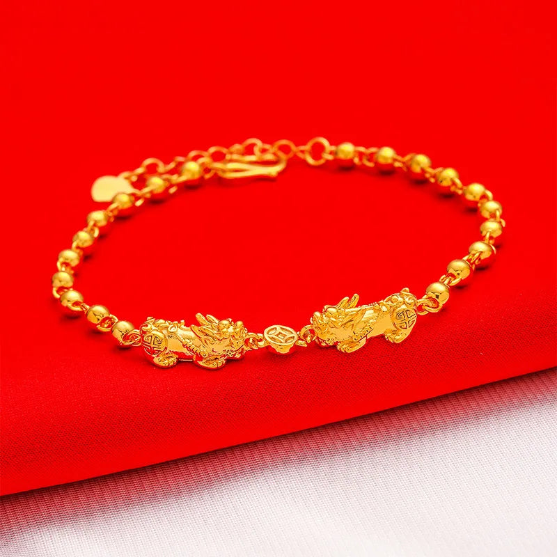 PIXIU Coin 24KT Bead Chain Bracelet