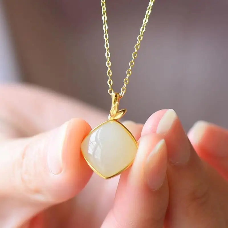 Vintage Square Jade 24KT Necklace for Women - Fine Jewelry Gift