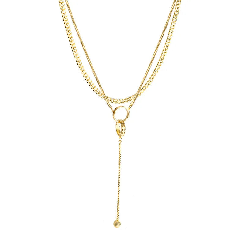 NC710 18KT Double Ring Tassel Pendant Necklace