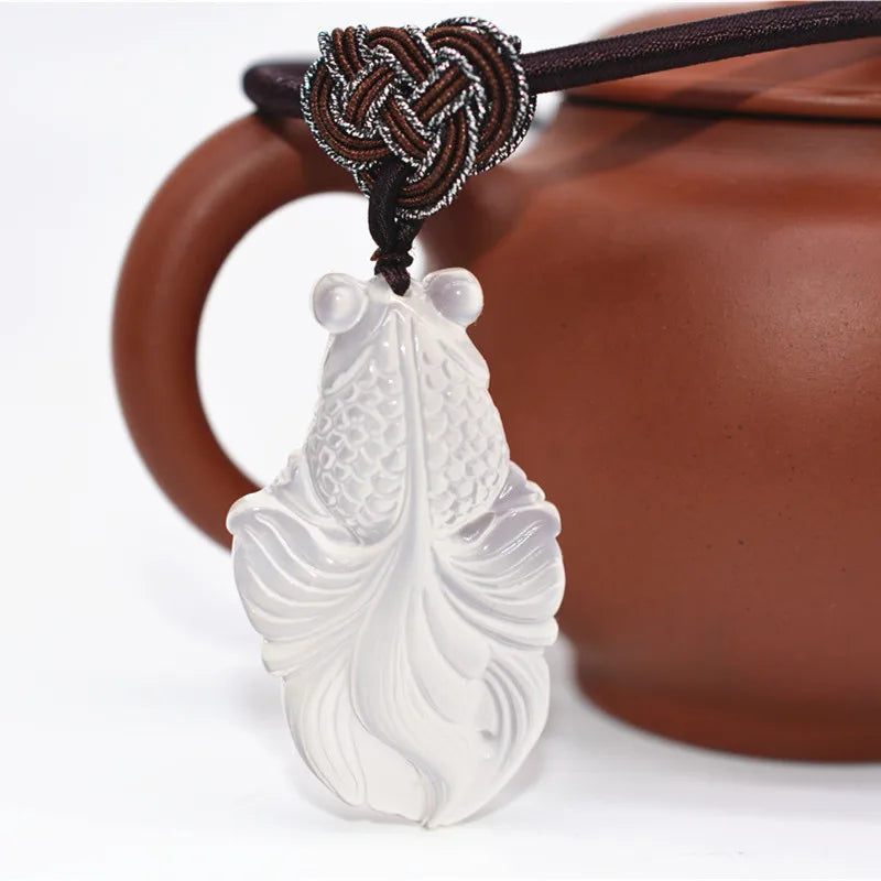 Chalcedony Fish Jade Necklace Pendant Hand Carved Lucky Blessing Pendant