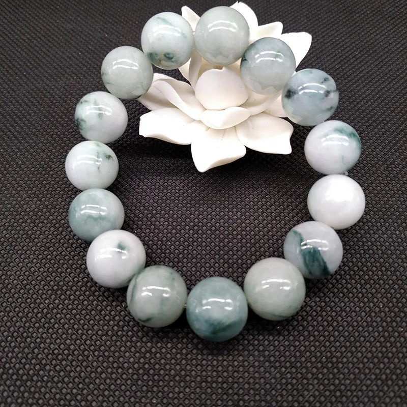 Burma Jadeite Beaded Bracelet Lucky Men Women Beads 14mm
