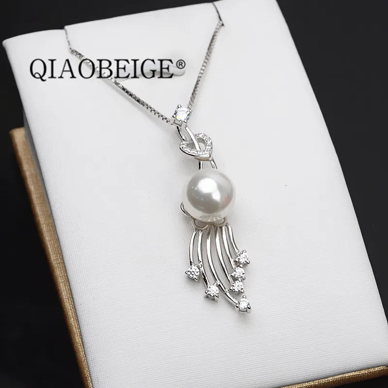 DIY 925 Silver Pearl Pendant for 11-13mm Round Pearls, Women's Gift
