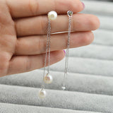 925 Sterling Silver Double Wire Three Pearls Stud Earrings