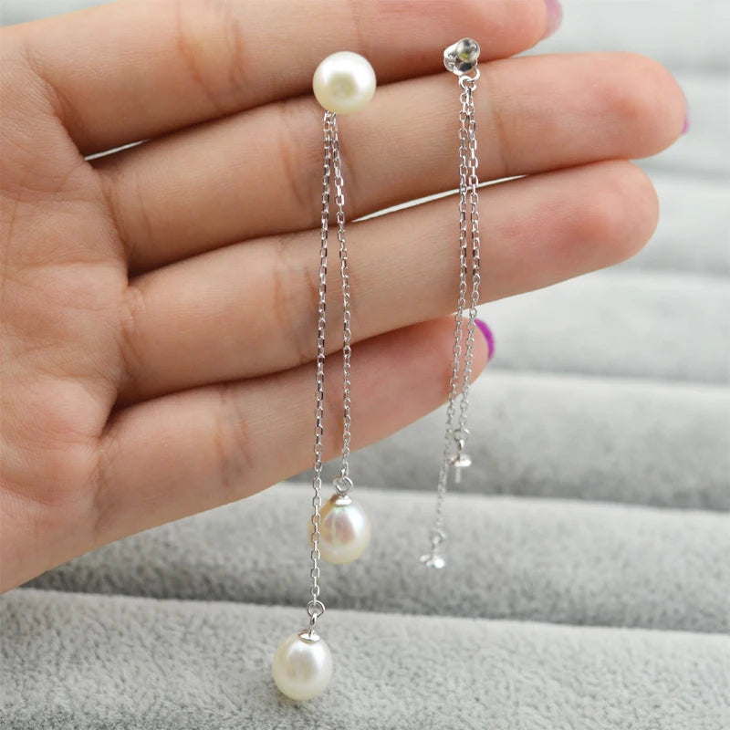 925 Sterling Silver Double Wire Three Pearls Stud Earrings