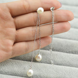 925 Sterling Silver Double Wire Three Pearls Stud Earrings