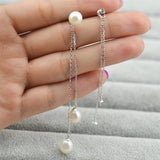 925 Sterling Silver Double Wire Three Pearls Stud Earrings
