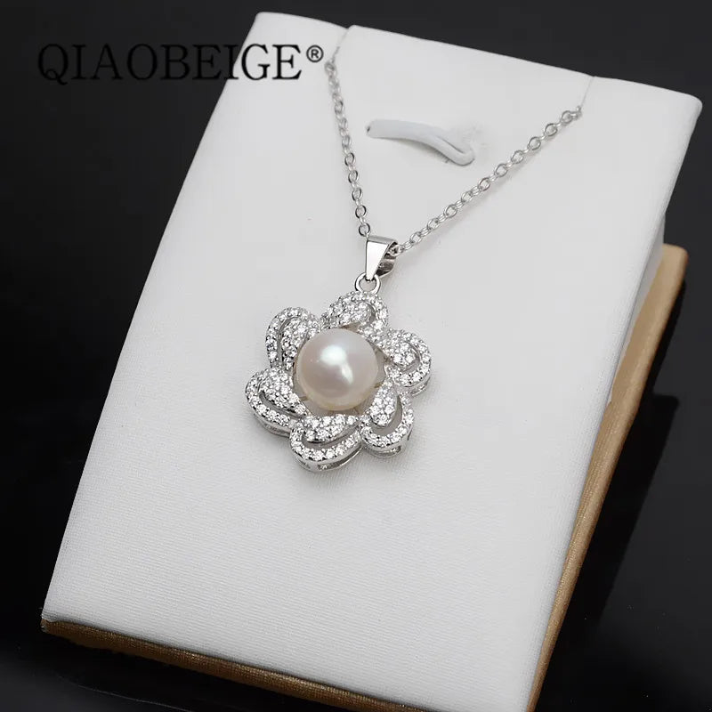 925 Silver Women Pendant Necklace 10-11mm Pearl Semi Mount