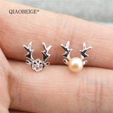 925 Silver Elk Horn Ear Stud Platinum Plated Pearl Deer DIY