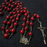 Antique Bronze Rose Cross Rosary Necklace Glass Beads Cup Religious Jewelry